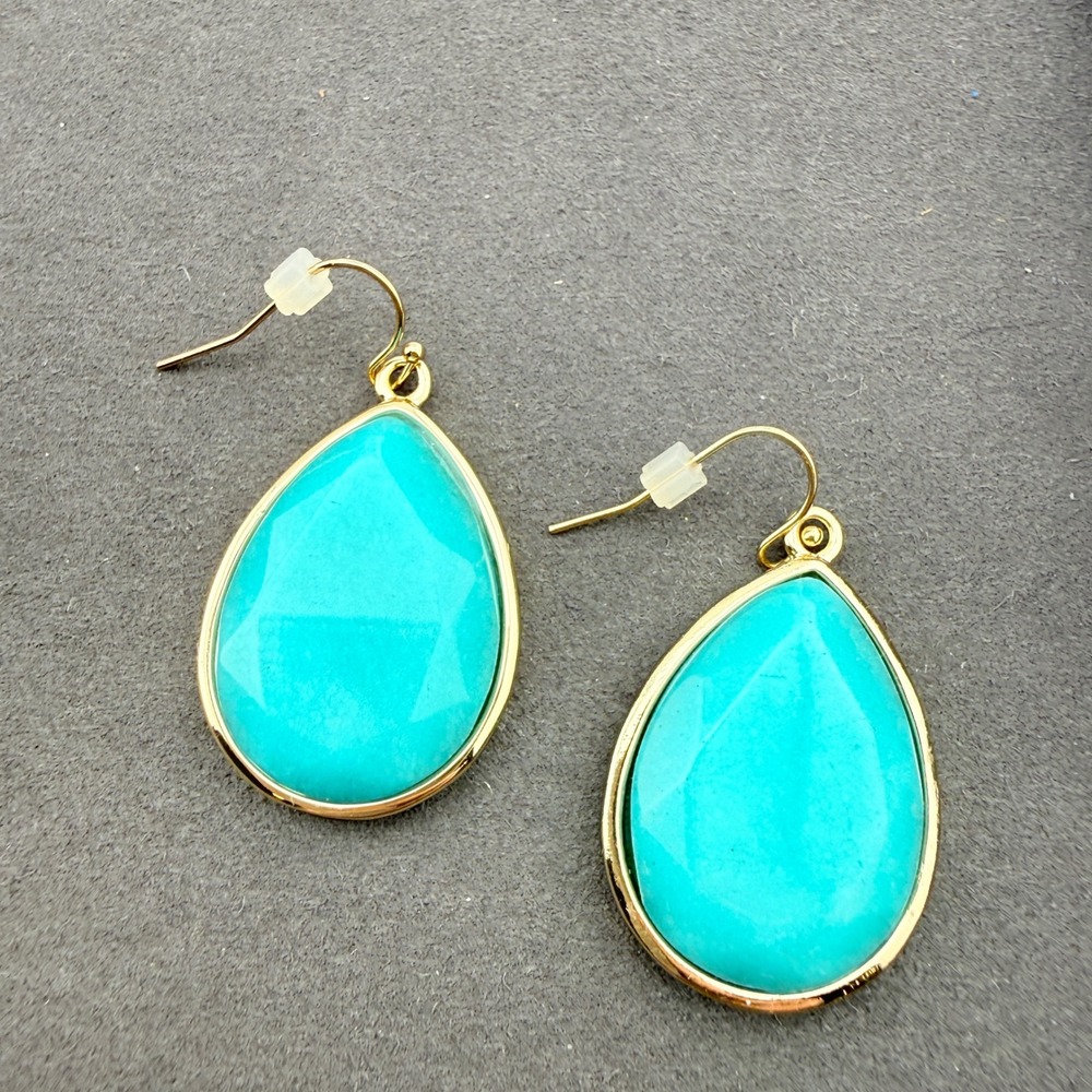 Turquoise Boho Teardrop Earrings Faux Stone Gold Tone Dangle Pierced Hook